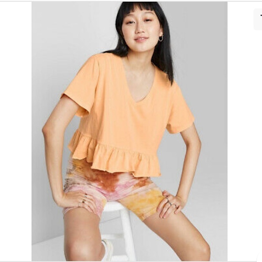 Wild Fable Peach Short Sleeve V-Neck Peplum Cropped T-shirt